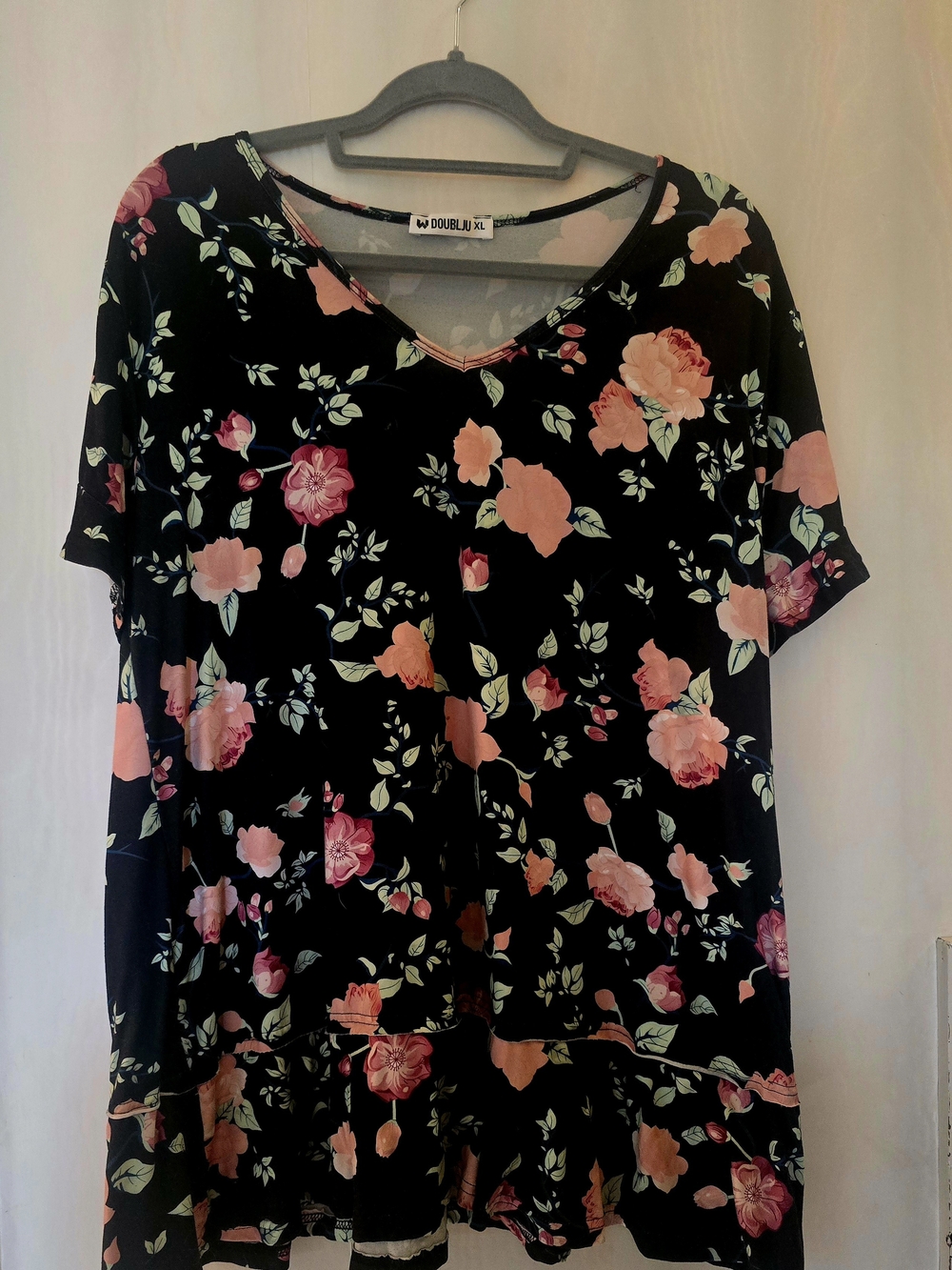 Doublju Black Floral V-Neck Women’s Top - Pink Floral Print